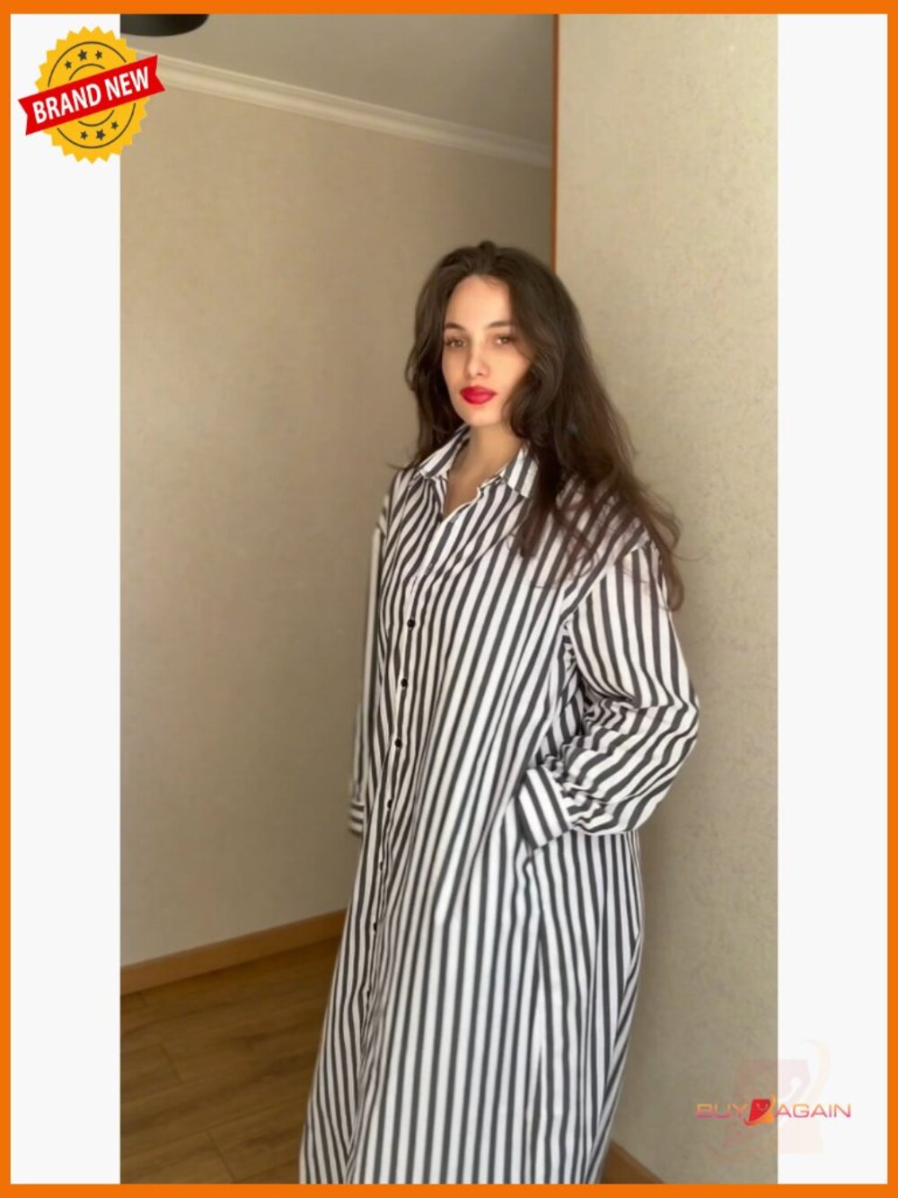 Cotton Striped Button Down Maxi Dress with Pockets - Picture 7 of 7